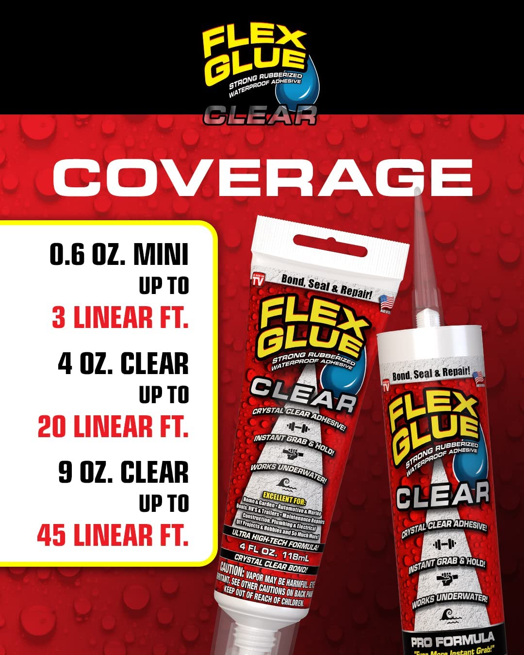 Mini Flex Glue, Clear, 3-Pack, Super Strong, Transparent, Rubberized Waterproof Adhesive, Works Underwater, Use on Pools, Showers, Outdoors, Concrete, Brick, Pavers, Masonry, UV Resistant