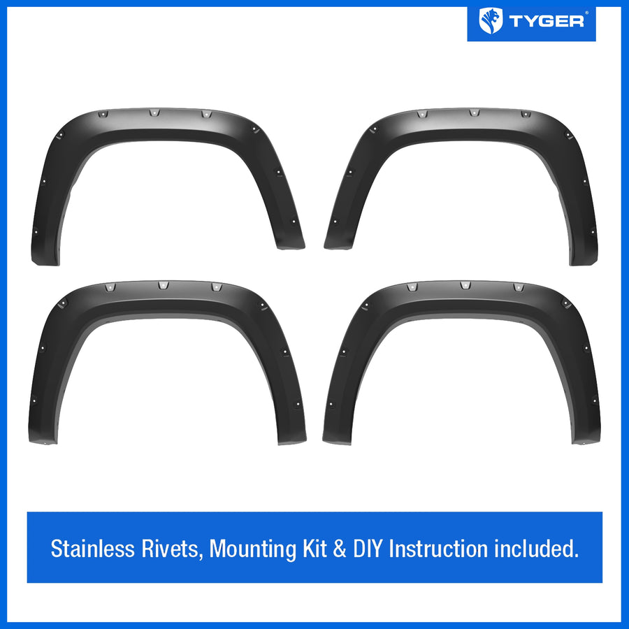 Tyger Auto Fender Flare with Compatible 2022-2026 Toyota Tundra, Smooth Textured Black Paintable Bolt-Riveted Style 4pc | TG-FF8T4518