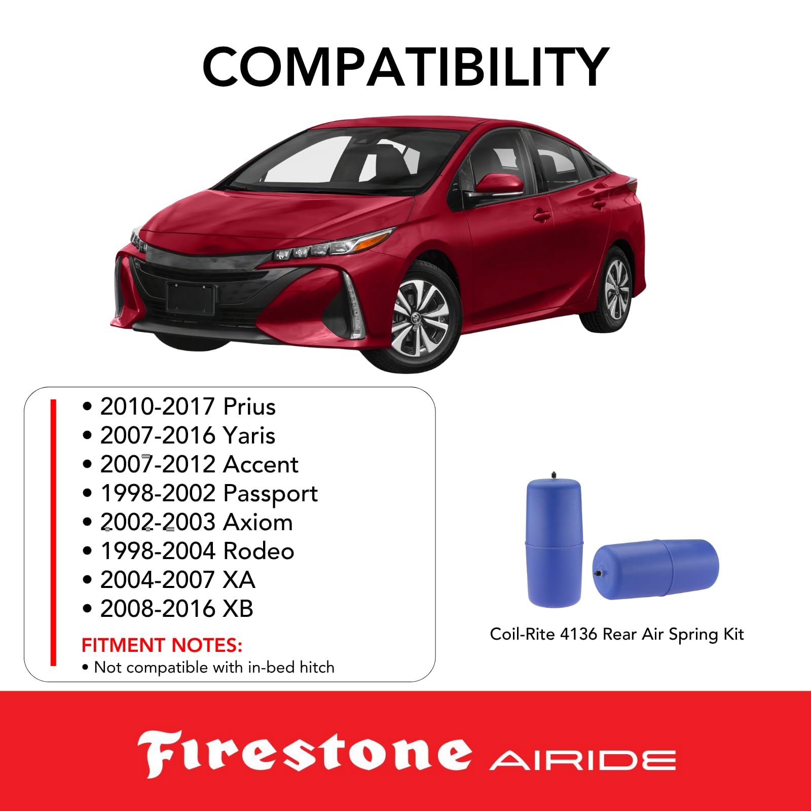 Firestone 4136 Airide Coil-Rite Rear Air Springs Kit fits 2010-2017 Prius and 2007-2012 Accent | 5-35 PSI | No Drill Installation | Load Capacity of 1,000 lbs | Made of Elastic Polyurethane