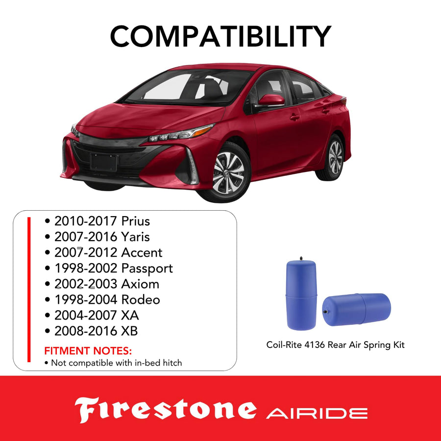 Firestone 4136 Airide Coil-Rite Rear Air Springs Kit fits 2010-2017 Prius and 2007-2012 Accent | 5-35 PSI | No Drill Installation | Load Capacity of 1,000 lbs | Made of Elastic Polyurethane