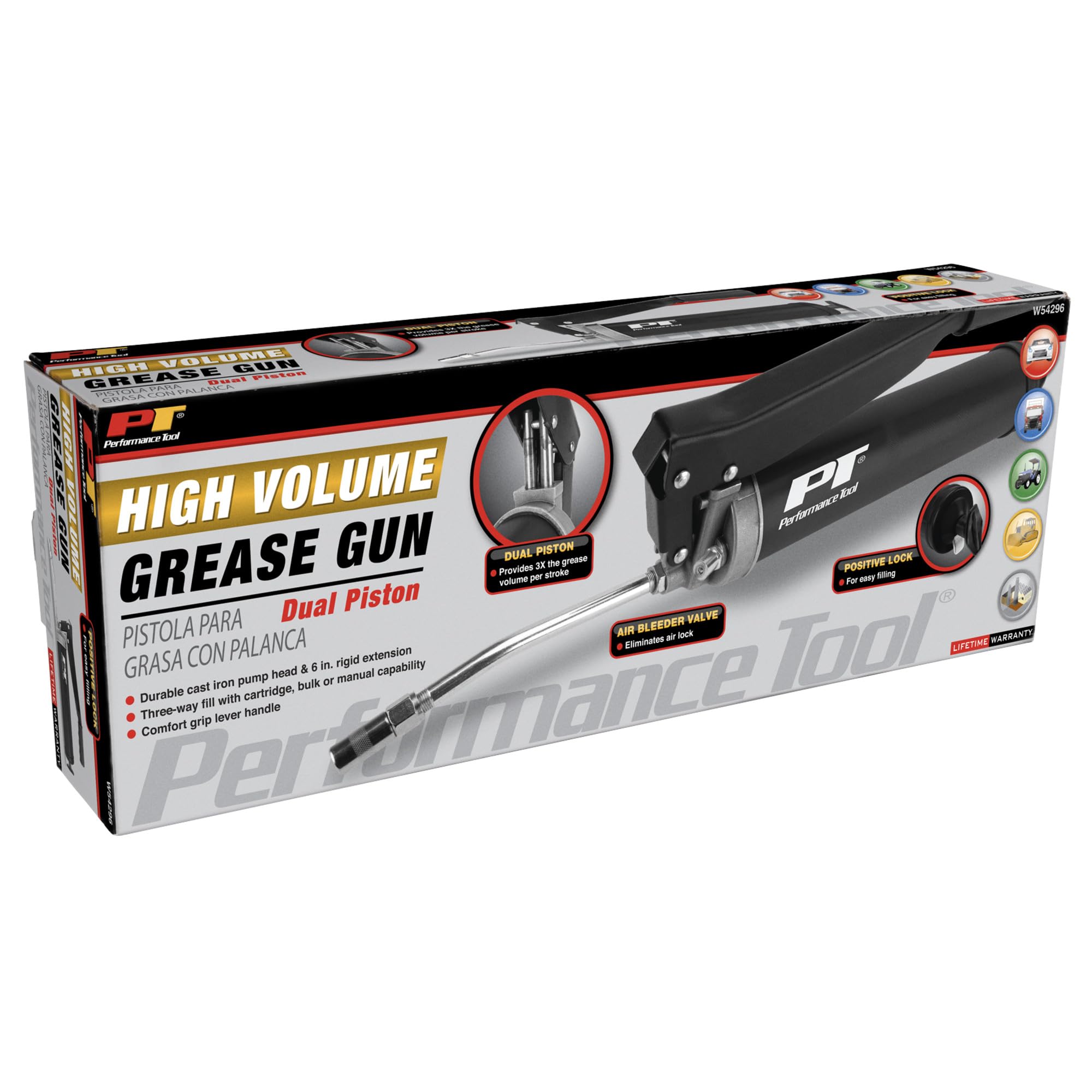 Heavy Duty Performance Tool W54296 Lever Action Grease Gun with Dual Piston Design and 10,000 PSI Operating Pressure for Efficient Lubrication
