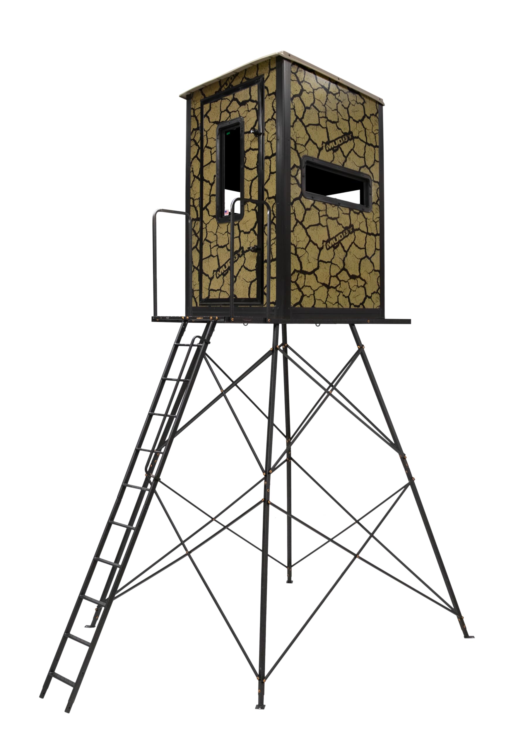 Muddy Box Blind Gunner w/Deluxe 10' Tower/Steel Wall Constructed/Cracked Mud Camo