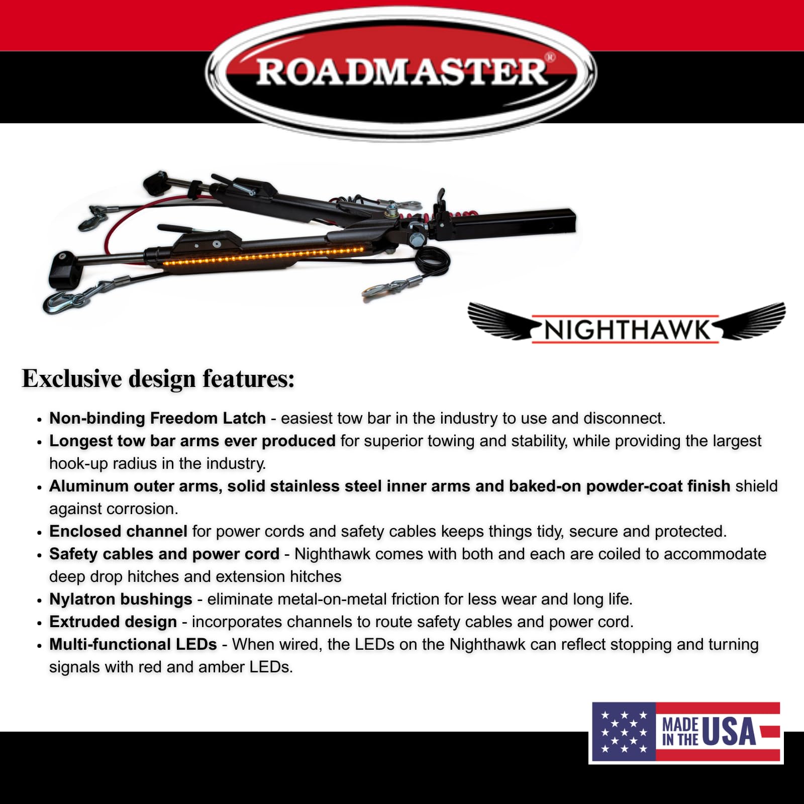 Roadmaster Nighthawk 676 Tow Bar fits Roadmaster Baseplates | Hauls Up to 8,000 lbs | Non-Binding Design | Multi-Functional LEDs | Proudly Made in The USA