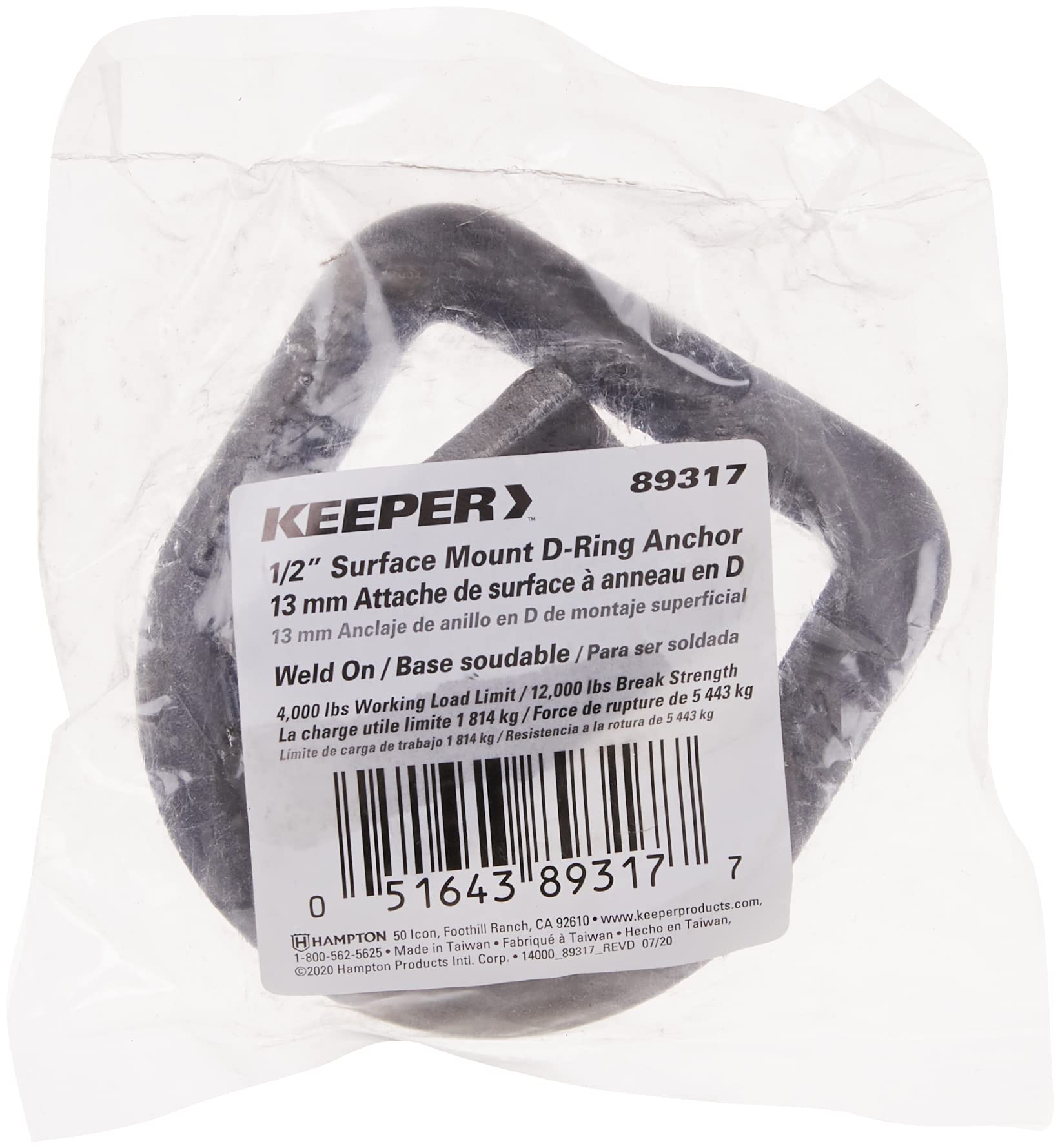 1/2" Keeper Weld-On Surface Mount D-Ring Anchor