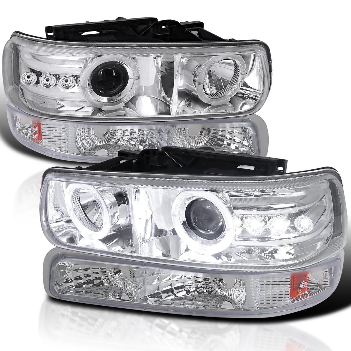 Chrome LED Halo Projector Headlights + Bumper Lights SPEC-D TUNING Compatible with 1999-2002 Chevy Silverado 2000-2006 Tahoe, Left + Right Pair Headlamps Assembly