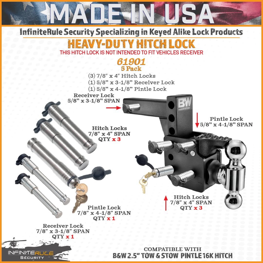 5 Pack Mixed 2.5, Keyed Alike, Hitch Locks for B&W 2.5" Tow & Stow Pintle 16K Hitch | Includes Receiver Lock for 2.0" Or 2.5" Receiver