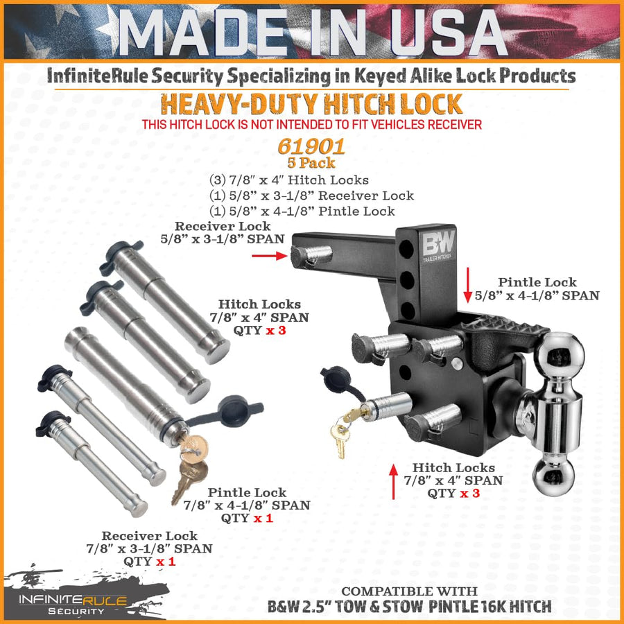 5 Pack Mixed 2.5, Keyed Alike, Hitch Locks for B&W 2.5" Tow & Stow Pintle 16K Hitch | Includes Receiver Lock for 2.0" Or 2.5" Receiver