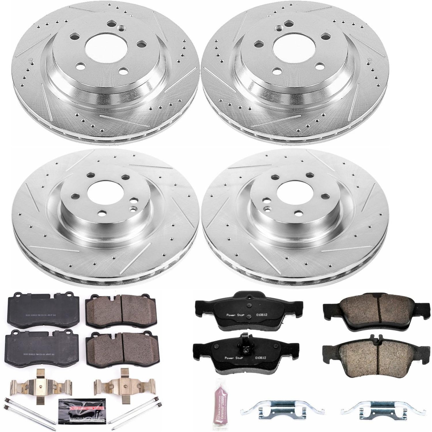 Power Stop K6757 Z23 Carbon Fiber Brake Pads Front and Rear with Drilled & Slotted Brake Rotors Kit For Mercedes-Benz S350 2012-2013 [Model Specific]
