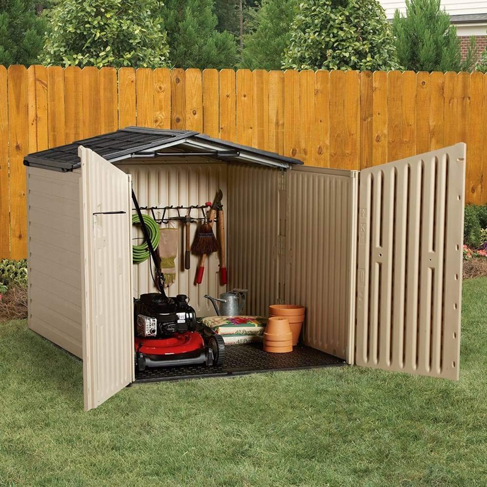 Slide-Lid Rubbermaid Resin Outdoor Storage Shed (5 x 6.5 Ft), Weather Resistant, Beige/Brown, Organization for Home/Backyard/Garden Tools/Lawn Mower/Bike Storage/Pool Supplies