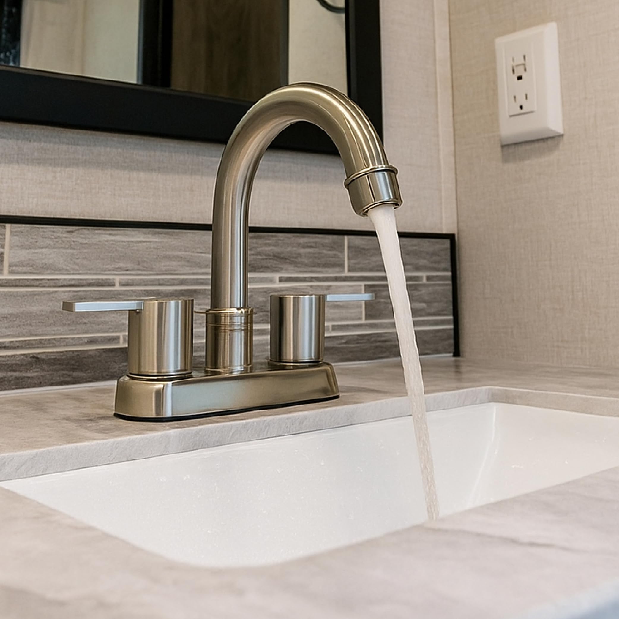 Dura Faucet Modern (DF-PB155M-SN) RV Bathroom Faucet with Dual Levers – Satin Nickel 4-Inch Center Set, High-Arc Spout, Easy 2-Hole Installation – Lightweight, Lead-Free, and Washerless Design
