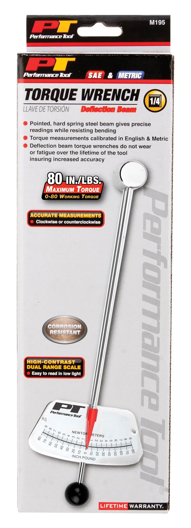 M195 Performance Tool 1/4-Inch Drive Torque Beam Wrench - 0-80 inch/lbs | Ball Handle | Accurate Torque Measurement
