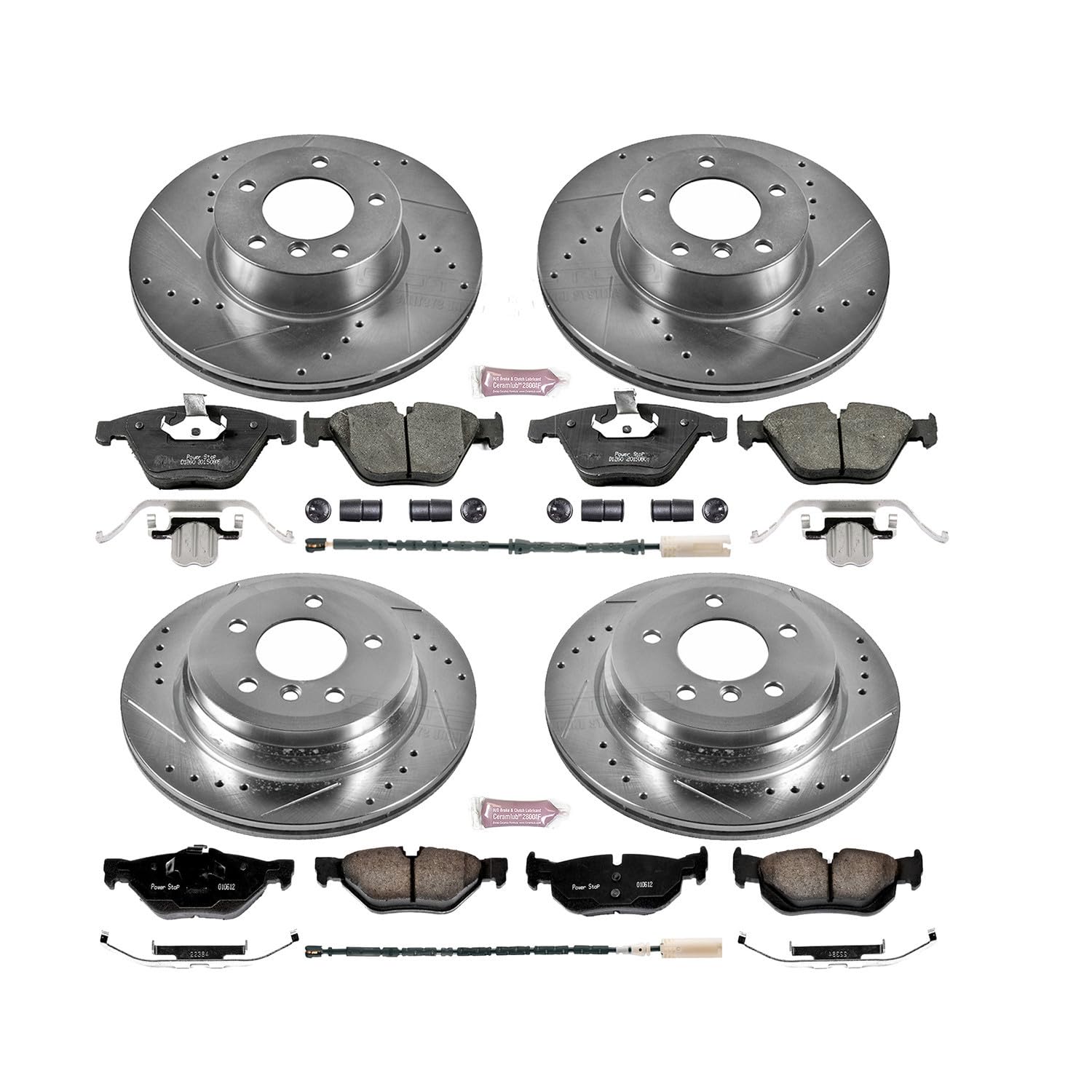 Power Stop K7025 Z23 Carbon Fiber Brake Pads Front and Rear with Drilled & Slotted Brake Rotors Kit and 1 Front & 1 Rear Sensor Wires For BMW X1 2013-2015 [Model Specific]