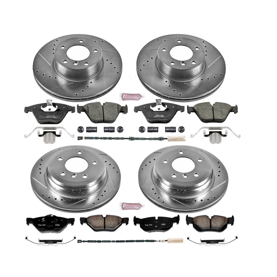 Power Stop K7025 Z23 Carbon Fiber Brake Pads Front and Rear with Drilled & Slotted Brake Rotors Kit and 1 Front & 1 Rear Sensor Wires For BMW X1 2013-2015 [Model Specific]