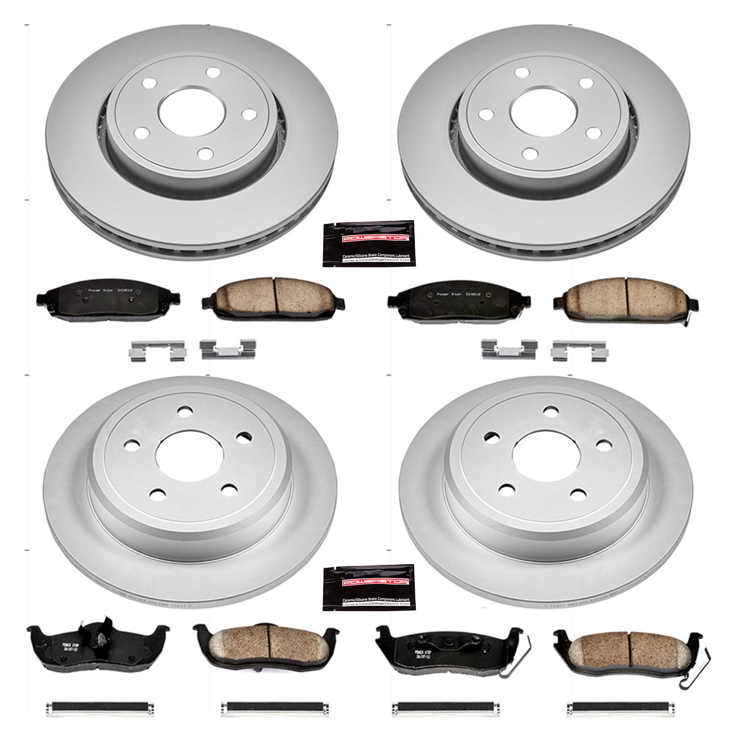Power Stop Coated Brake Rotor CRK2220 & Ceramic Brake Pads- front & rear For Jeep Commander 2006-2010, Jeep Grand Cherokee 2005-2010 [Model Specific]