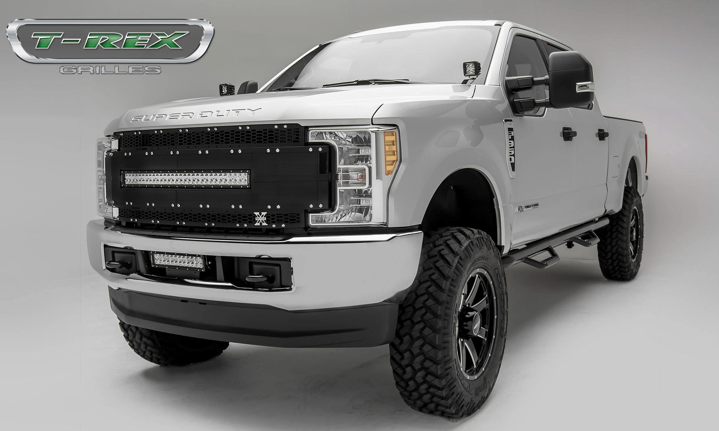 T-Rex Grilles Torch AL Grille, 2017-2019 Super Duty Black Mesh and Trim, 1 Pc, Replacement, Chrome Studs with (1) 30" LED, Does Not Fit Vehicles with Camera - PN #6315481