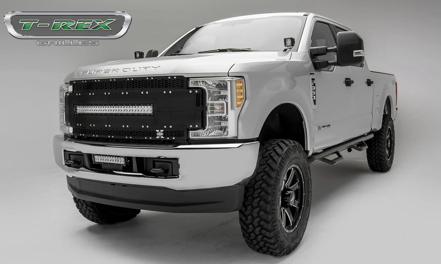 T-Rex Grilles Torch AL Grille, 2017-2019 Super Duty Black Mesh and Trim, 1 Pc, Replacement, Chrome Studs with (1) 30" LED, Does Not Fit Vehicles with Camera - PN #6315481