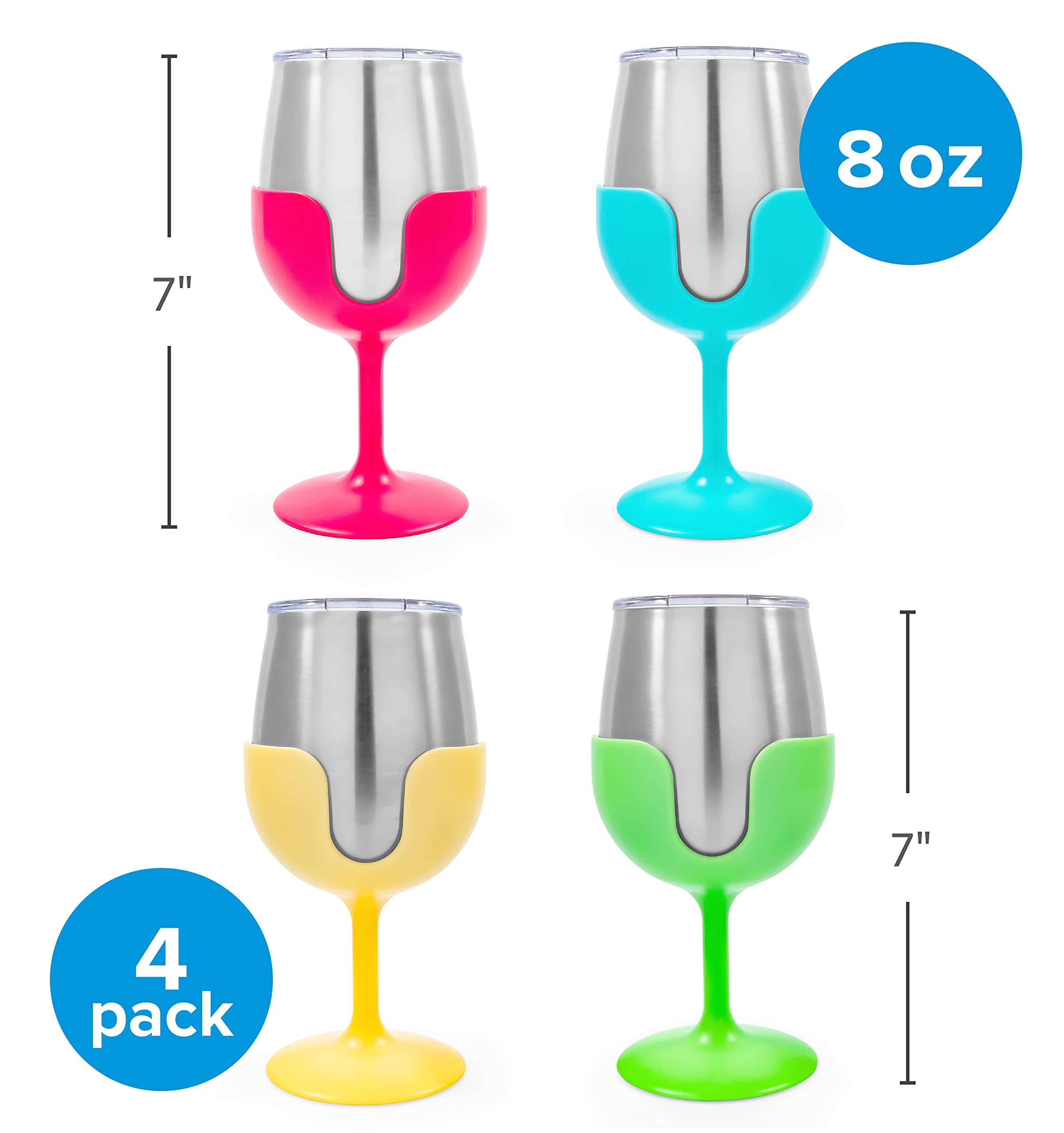 Camco Wine Tumbler Life is Better at The Campsite | Heavy Duty Double Wall Vacuum Insulation | Crafted of 18/8 Stainless Steel | Removable Green, Yellow, Blue & Pink Stems | 4-Pk, 8-oz/Each (53068)