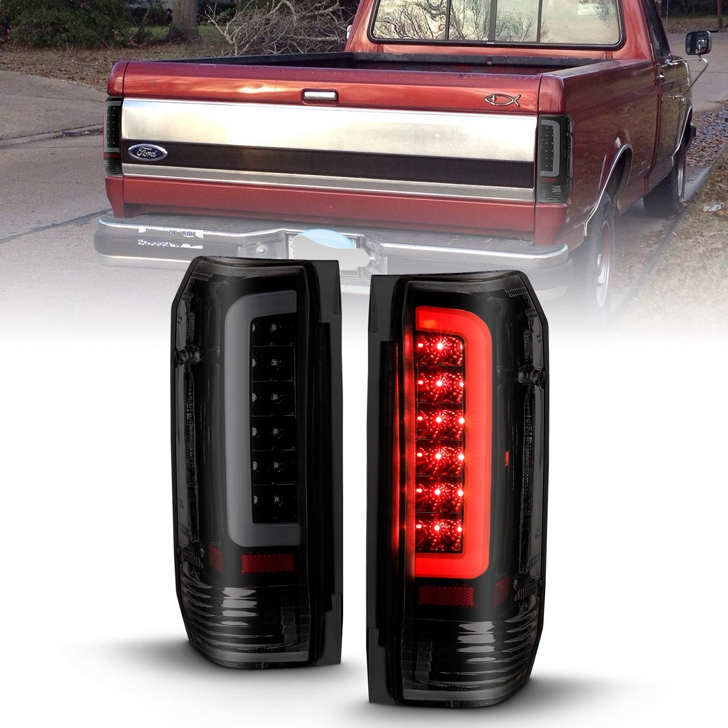 1987-1996 Ford F-150 ANZO (311351) LED Taillights Black Housing Smoke Lens (Pair)