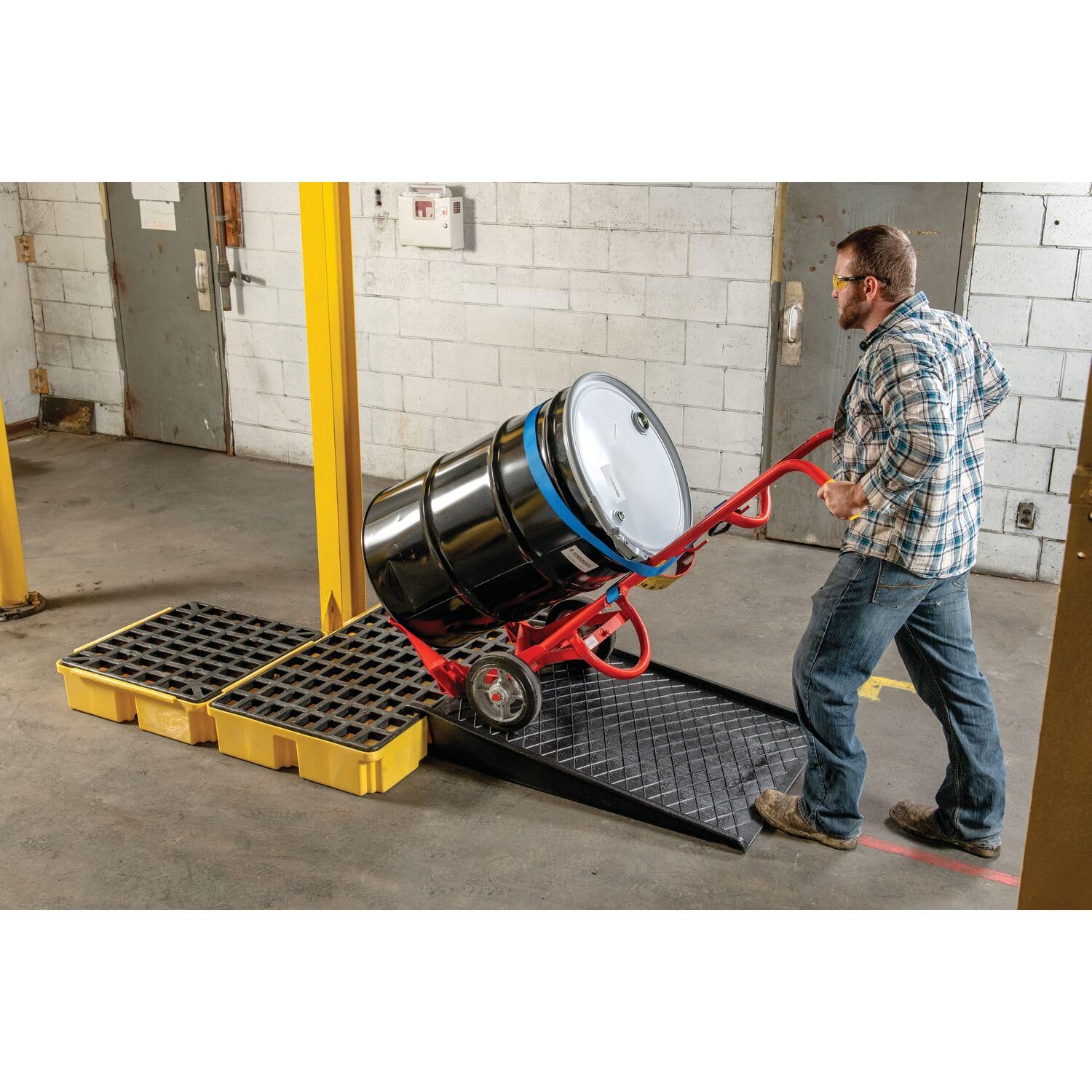 Eagle One Modular Drum Spill Platform with Drain, 26.25"x26"x6.5", 15 Gallon Sump, 2,000 lbs. Load Capacity Containment Tray, Made in USA, Yellow, 1633D