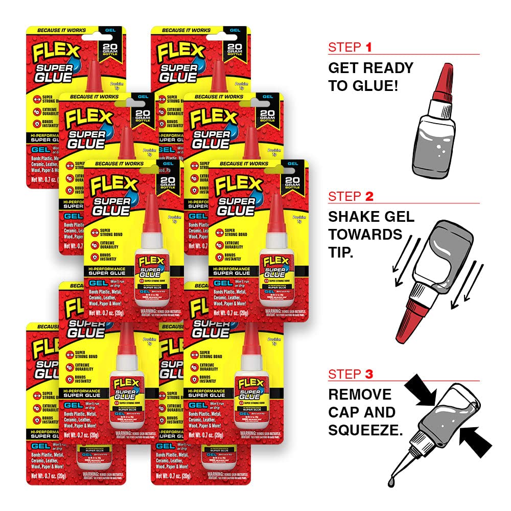 Flex Gel Super Glue, 20 Gram Bottle, 10-Pack, Clear, Instant Bond, Quick Dry, Cyanoacrylate Adhesive, Precision Tip for Wood, Metal, Plastic, Crafts, Ceramic, and Toy Repairs