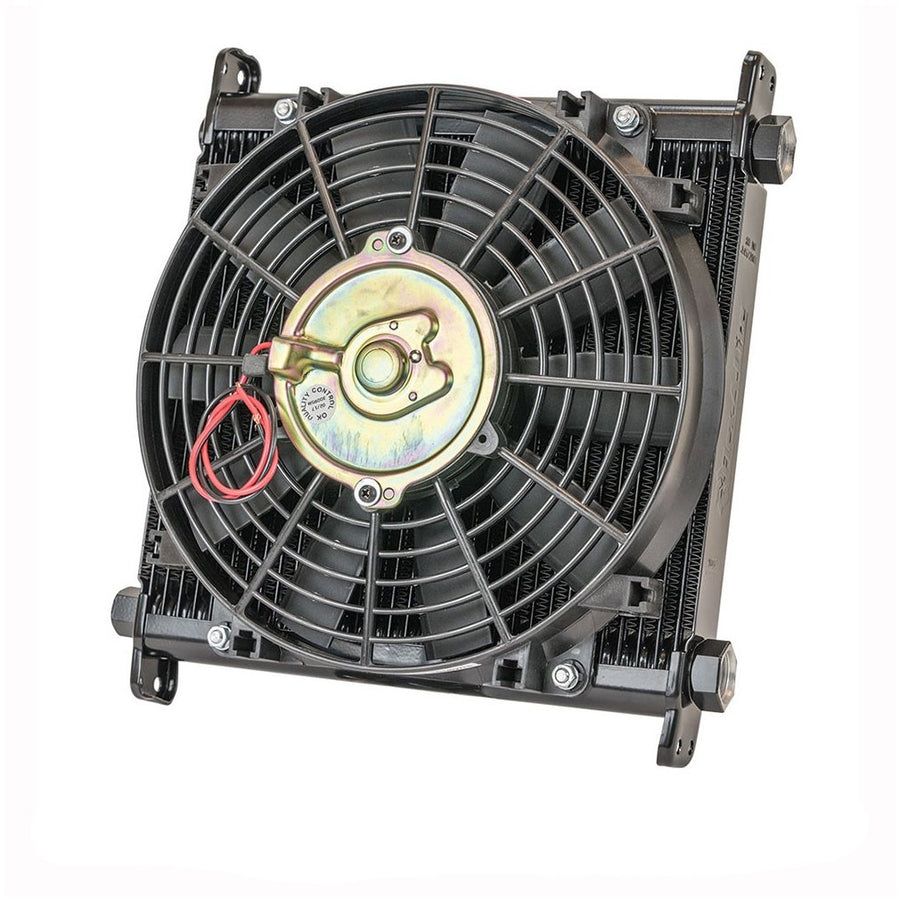Remote Mount Stacked Plate 29-Row Transmission Cooler with Electric Fan, 11 x 9 41/64 x 3/4" and 3/8 inch Barbed Fittings
