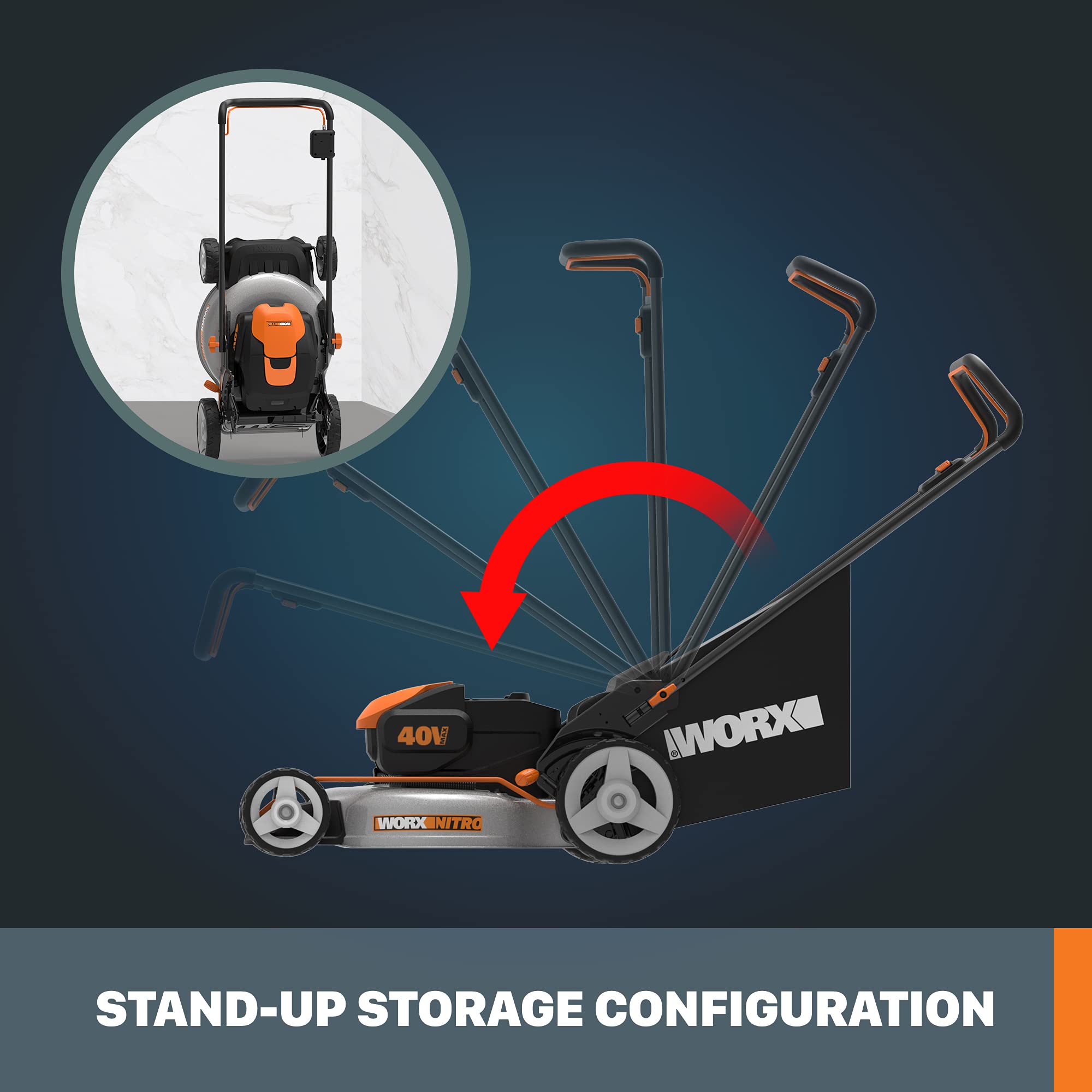 Worx 20" Cordless Lawn Mower Nitro, 3 in 1 Electric Mower with Collapsible Handle, Push Lawn Mower with 7-Position Height Adjustment, 2 Batteries & Charger Included, WG751.3