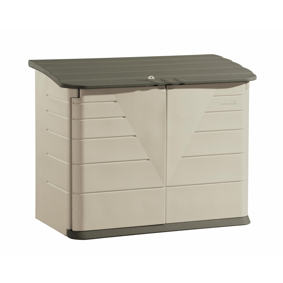 Large Rubbermaid Horizontal Resin Outdoor Storage Shed With Floor (5 x 4 Ft) Weather Resistant, Beige/Brown, Organization for Home/Backyard/Pool Chemicals/Toys/Garden Tools/Porch/Patio Cushions