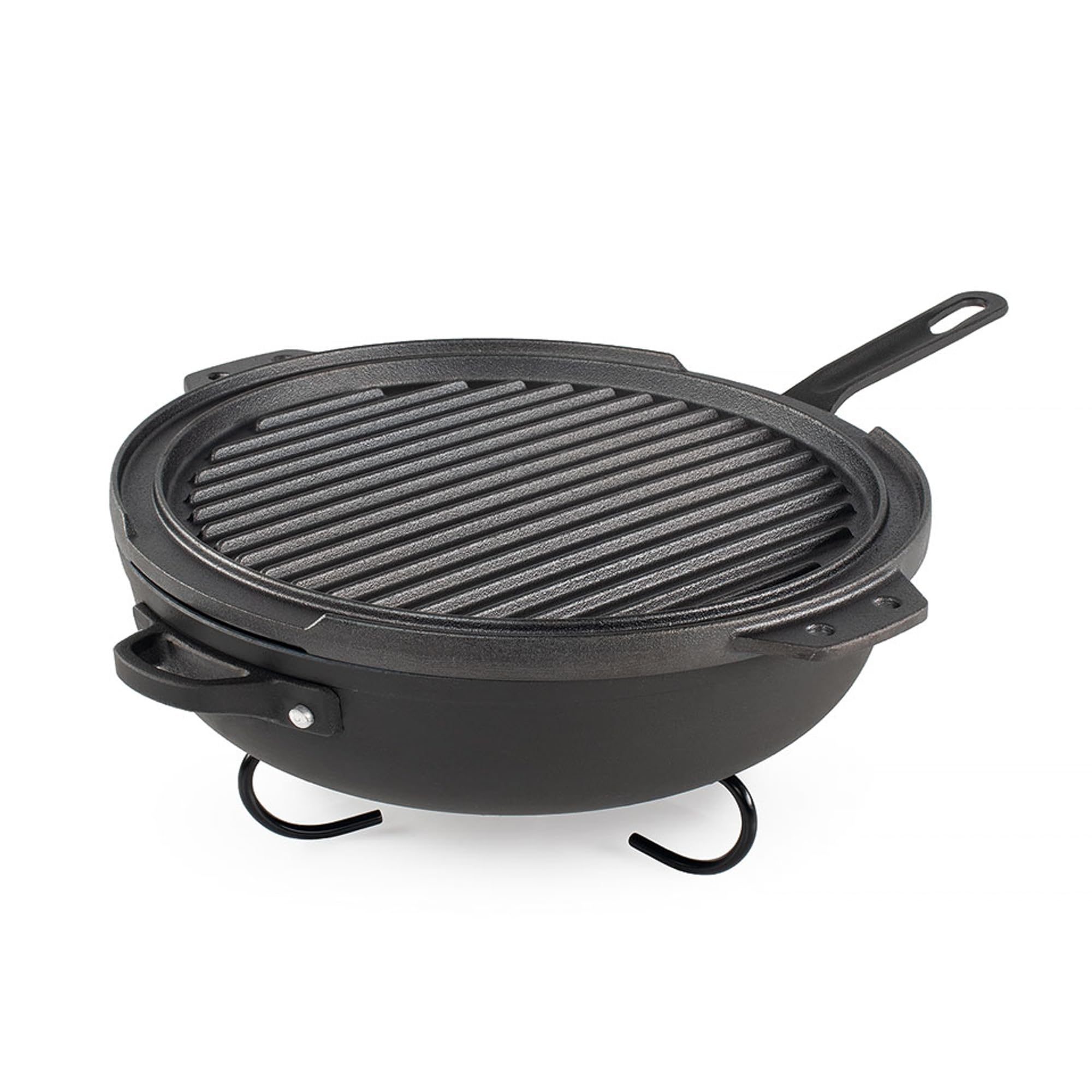 GSI Outdoors Outdoor Cookset Guidecast: 10" Deep Frypan with Dome Lid, Dual-Sided Cast Iron Griddle/Grill, Removable Handles