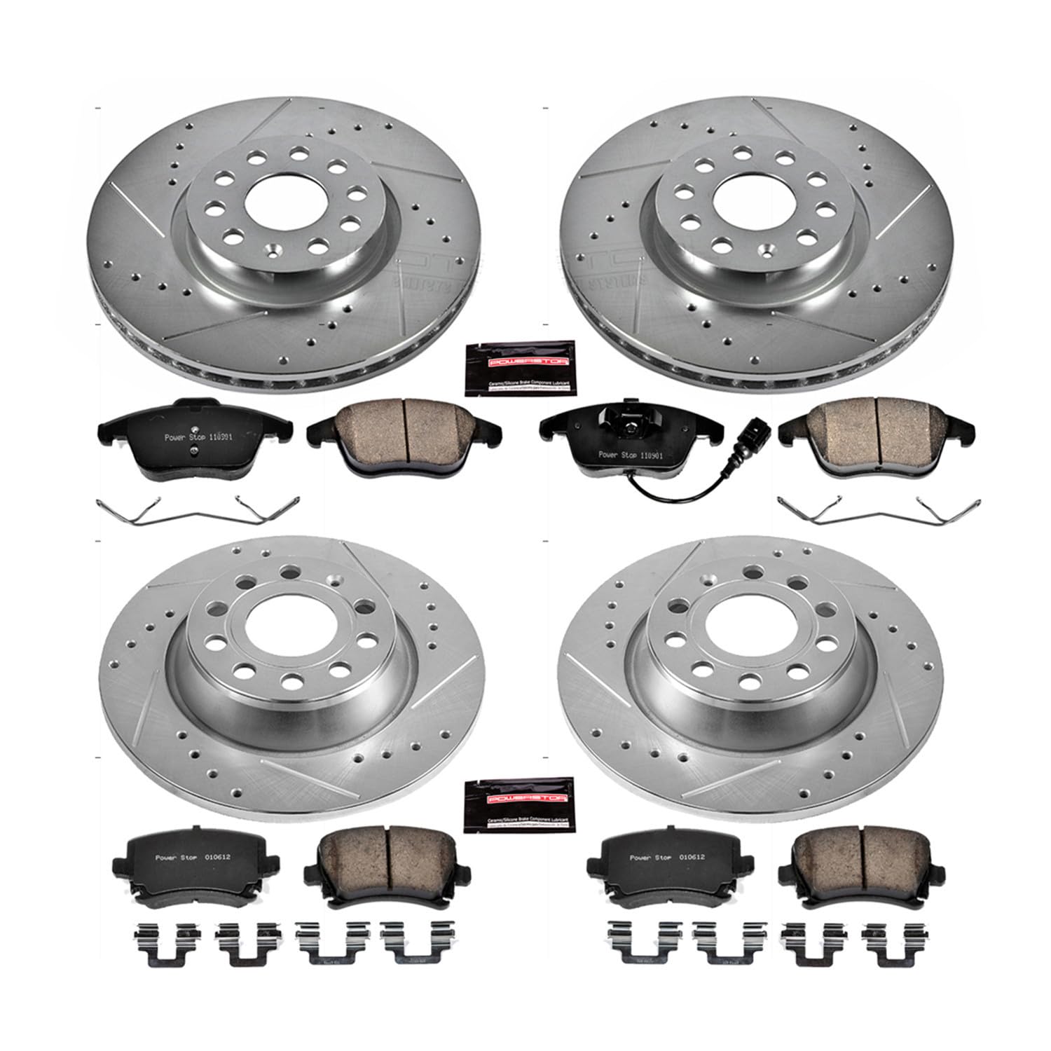 Power Stop K5802 Z23 Carbon Fiber Brake Pads Front and Rear with Drilled & Slotted Brake Rotors Kit For Volkswagen Tiguan 2011 [Model Specific]