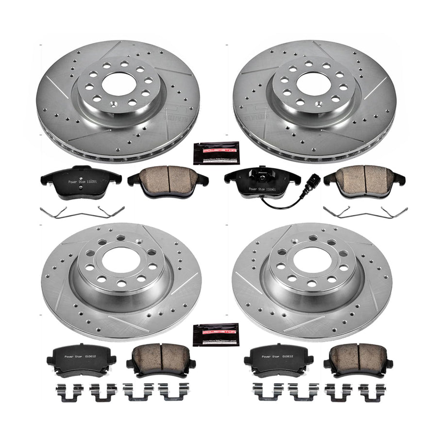 Power Stop K5802 Z23 Carbon Fiber Brake Pads Front and Rear with Drilled & Slotted Brake Rotors Kit For Volkswagen Tiguan 2011 [Model Specific]