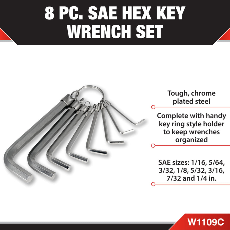 W1109C Performance Tool SAE Hex Key Set with Key Ring Holder - Chrome Plated Steel - 8-Piece Set in Sizes from 1/16 to 1/4-Inch