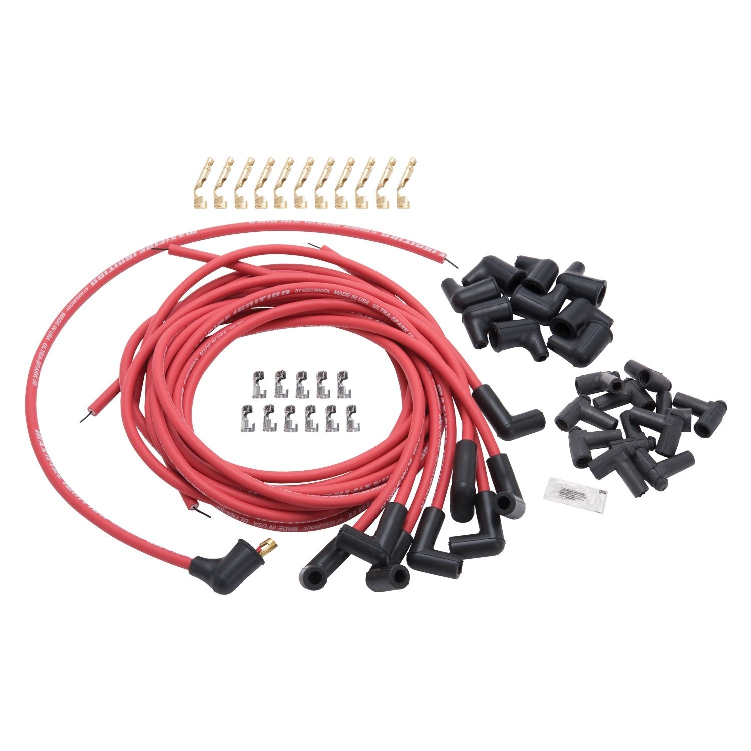 Edelbrock Spark Plug Set 22711 Universal 90 DEG Boots 50 ohm Resistance 8.65mm RED Wire (Set of 9)