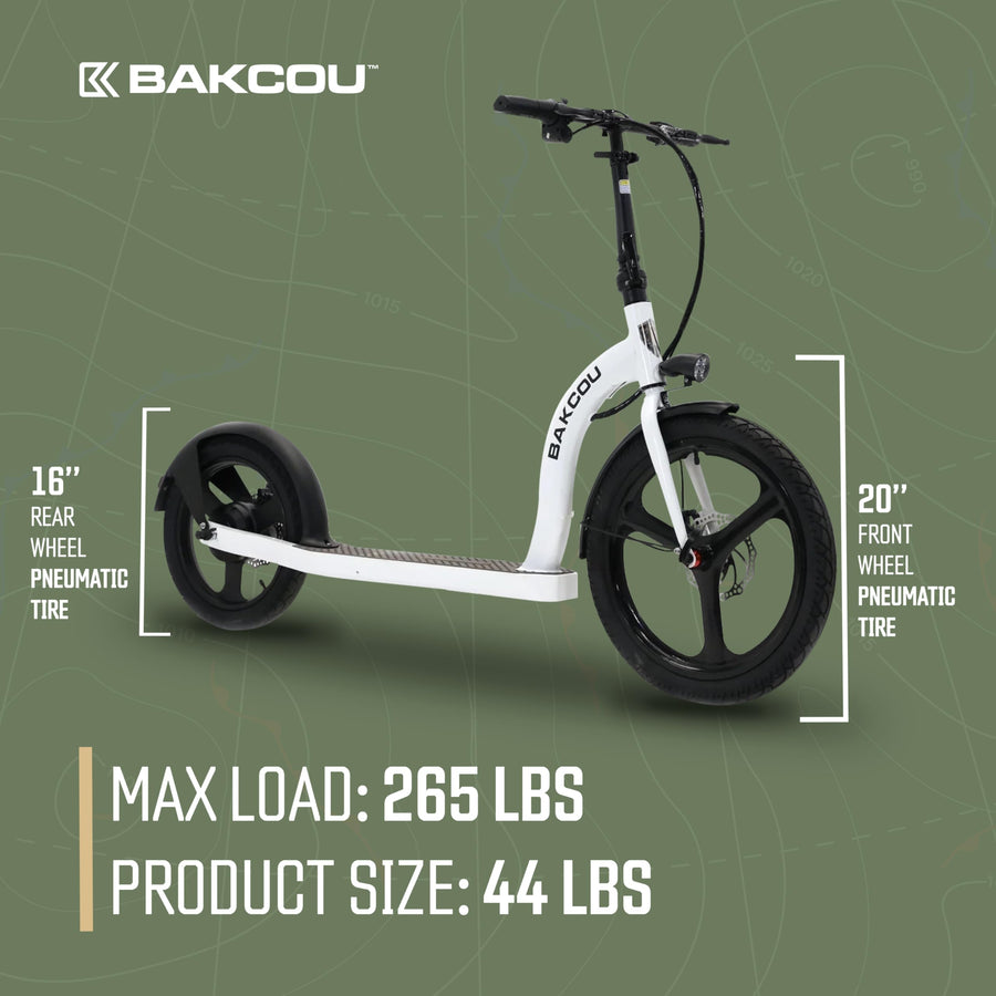 Bakcou - Electric Scooter Foldable Badger with Seat - Gloss White - 350W Motor 36V Battery, Large Wheels, Disc Brakes with Lights, Horn & Charger