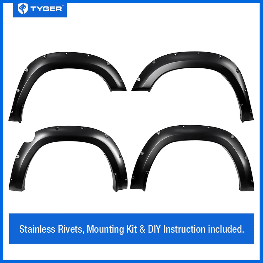 Tyger Auto Fender Flare 2019-2024 Compatible with Ram 1500 (Not Fit Classic; Rebel; Warlock; TRX), Smooth Textured Black Paintable Bolt-Riveted Style 4pc | TG-FF8D4478