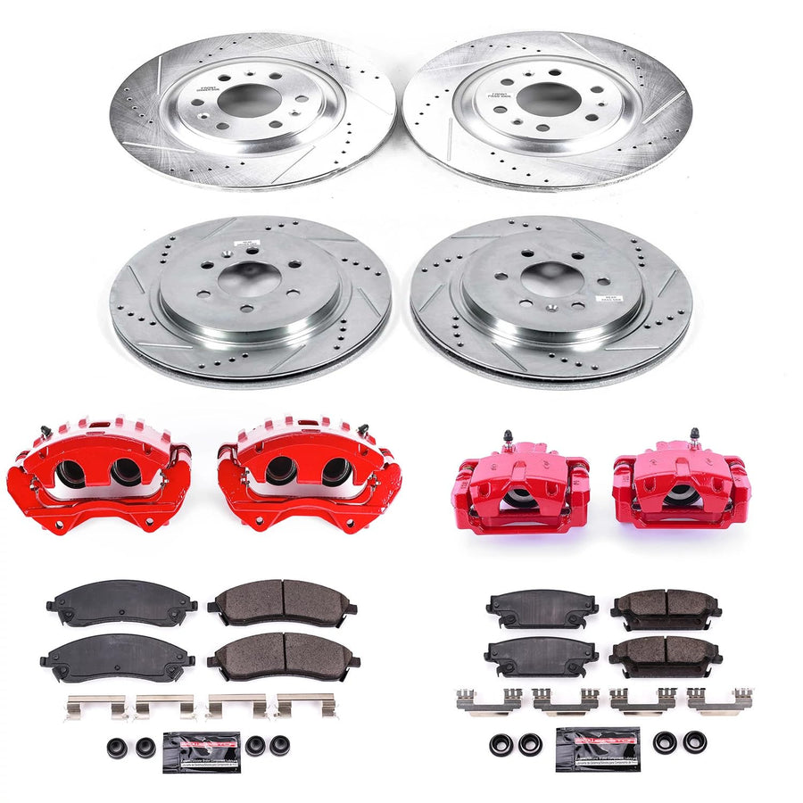 Power Stop Z23 Evolution Sport Front and Rear Caliper Brake Kit-Drilled/Slotted Rotors, Brake Pads, Carbon Ceramic Calipers For Cadillac SRX 2004-2009 [Model Specific]