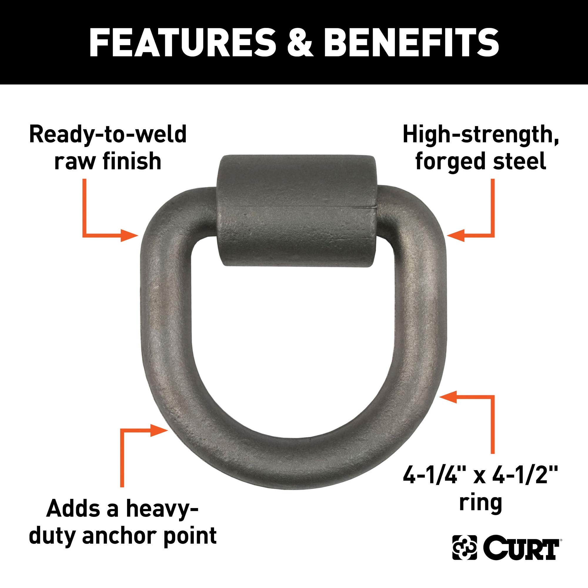 CURT 83760 Weld-On 4-1/4 x 4-1/2-Inch Trailer D-Ring Tie Down Anchor, 26,500 lbs Break Strength, Raw
