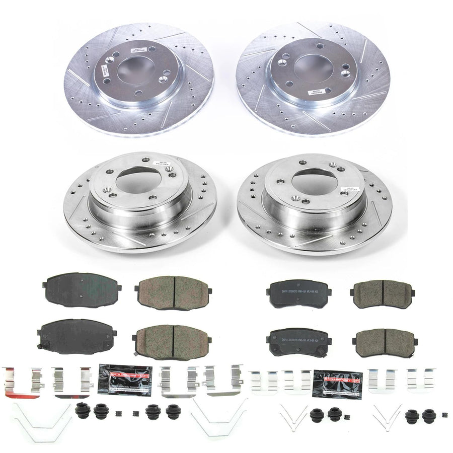 Power Stop K8278 Z23 Carbon Fiber Brake Pads with Drilled & Slotted Brake Rotors Kit Front and Rear For Hyundai Kona 2018-2022 [Model Specific]