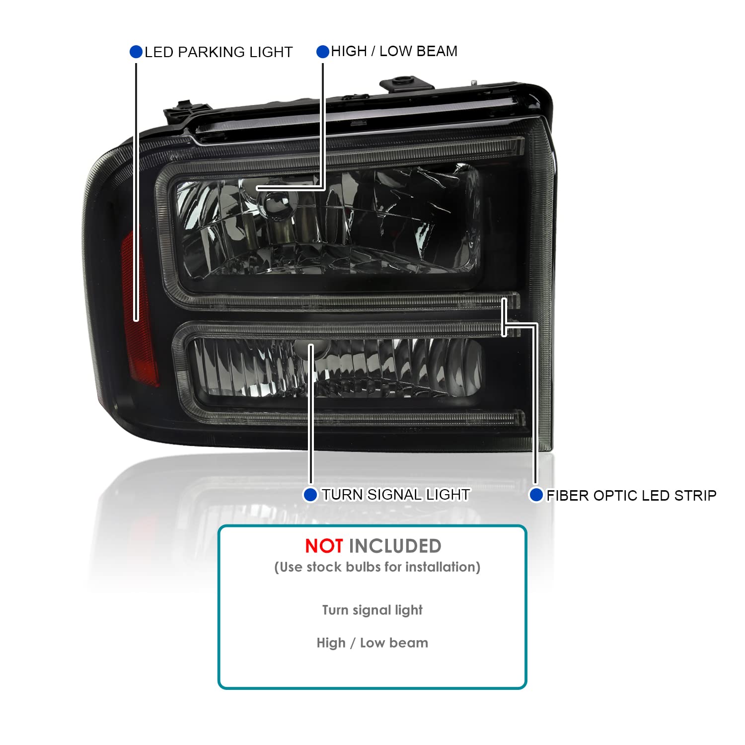 Black Smoke LED BAR Headlights SPEC-D TUNING Compatible with 2005-2007 Ford F250 F350 F450 F550 Super Duty, Left + Right Pair Headlamps Assembly