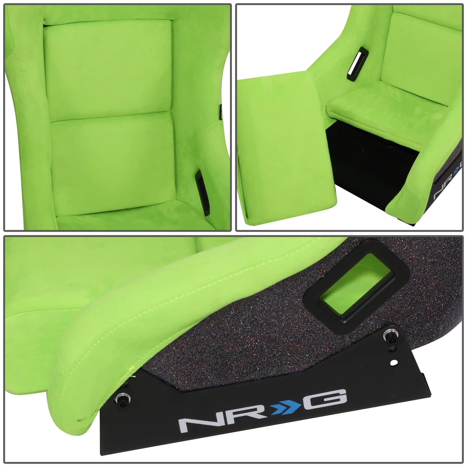 NRG Innovations Universal Fixed Back Bucket Racing Seat NRG-FRP-303NG-PRISMA for 5-Point Harnesses, Size M, Green Alcantara Material, 22" W X 34" H X 16" D