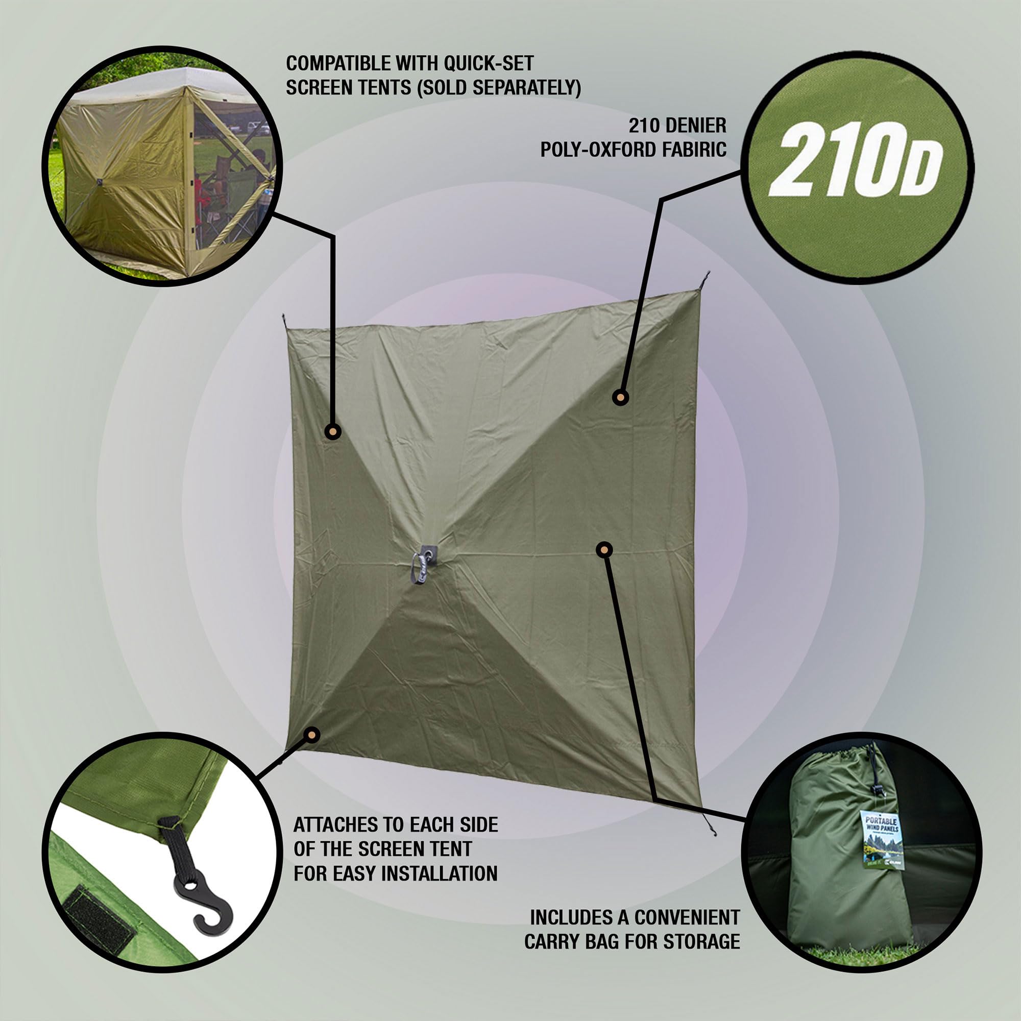 CLAM Wind and Sun Panel Quick-Set Attachment for Escape Sport Screen Shelter Canopy Tent with Carrying Bag, Accessory Only, Green (3 Pack)