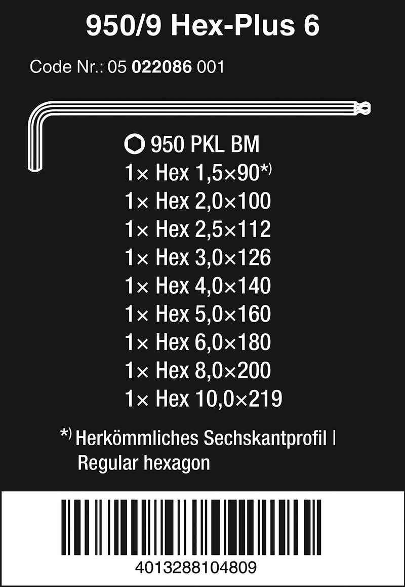 Long ARM 950 PKL/9 BM N Ballpoint HEX Key Set