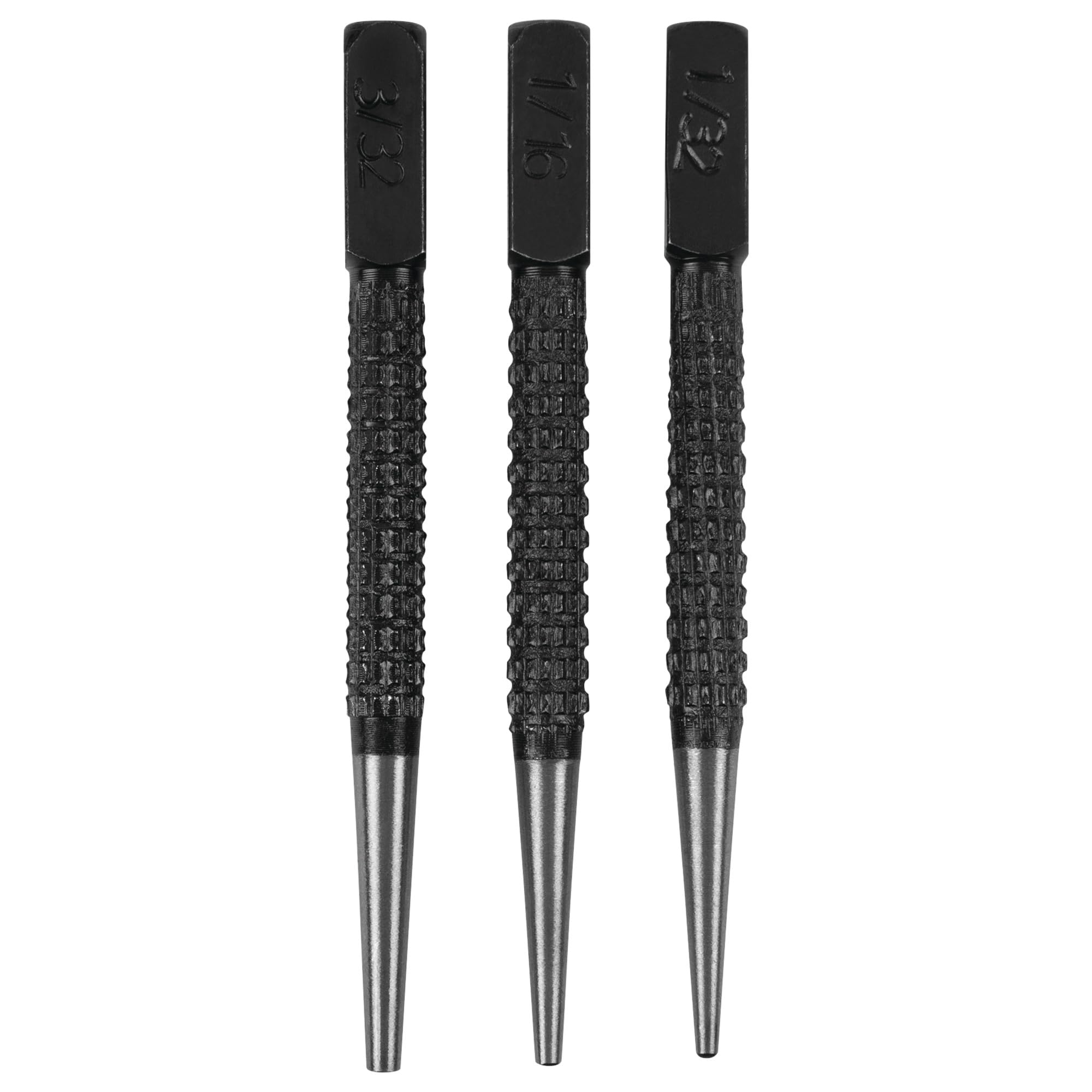 W757 Performance Tool Drop Forged Steel Punch Set with Knurled Body and Square Striking Surface - Sizes: 1/32, 1/16 and 3/32-Inch for Precision Work