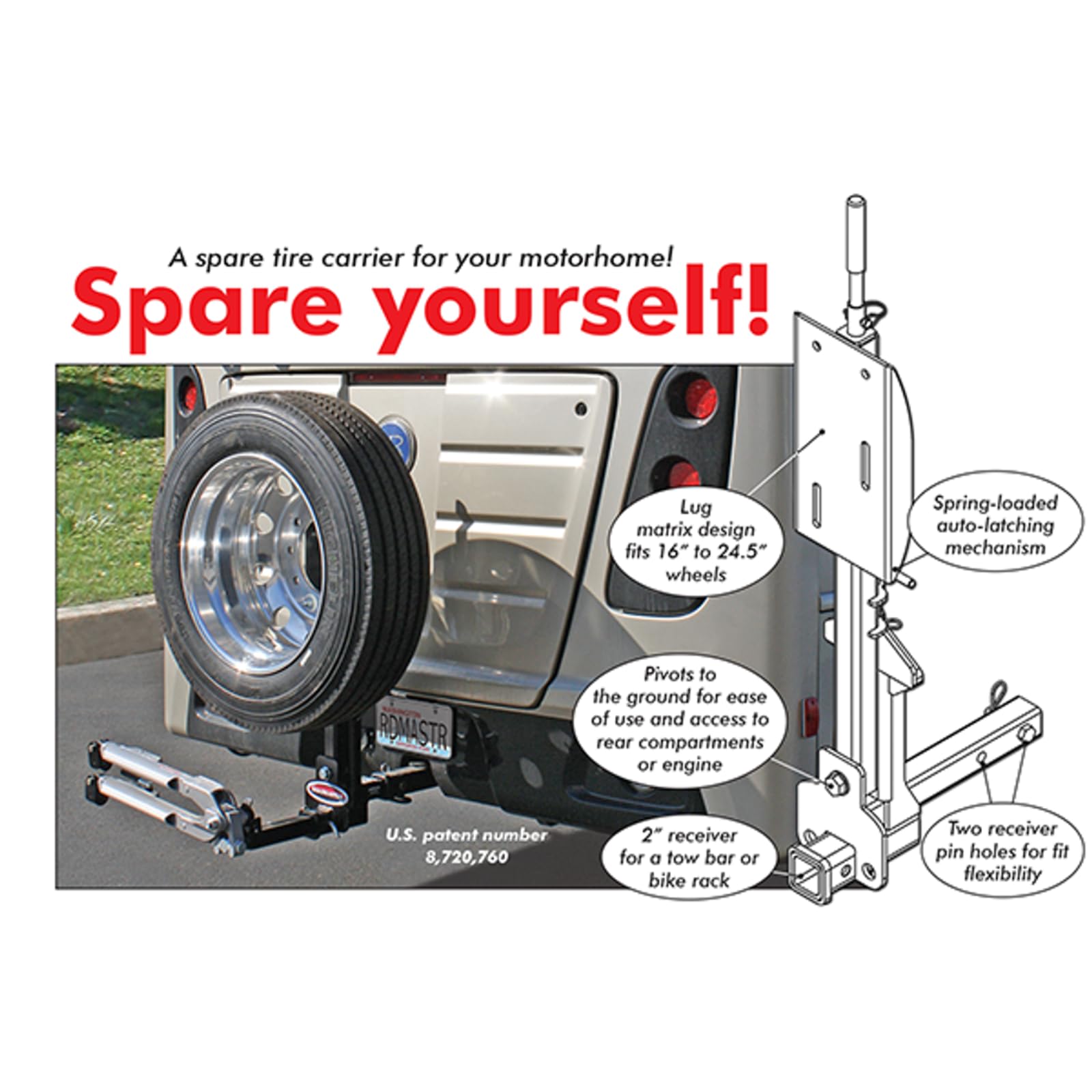 Roadmaster Spare Tire Carrier 195225-S with 2" Drop fits 2" Motorhome Receiver | for 16" - 24.5" Dually Wheels | 10,000 lbs Maximum Capacity | Fits All Lug Nut Patterns