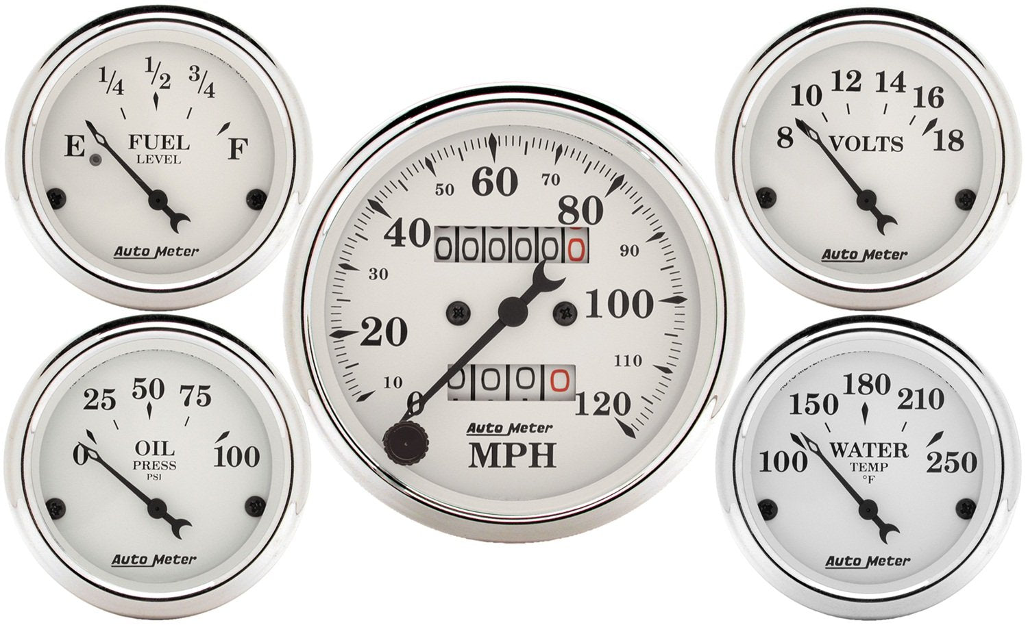 Auto Meter 1601 5 Gauge Kit; Speedo/Oil/Water/Volt/Fuel Old Tyme White