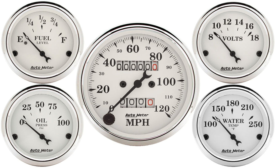 Auto Meter 1601 5 Gauge Kit; Speedo/Oil/Water/Volt/Fuel Old Tyme White