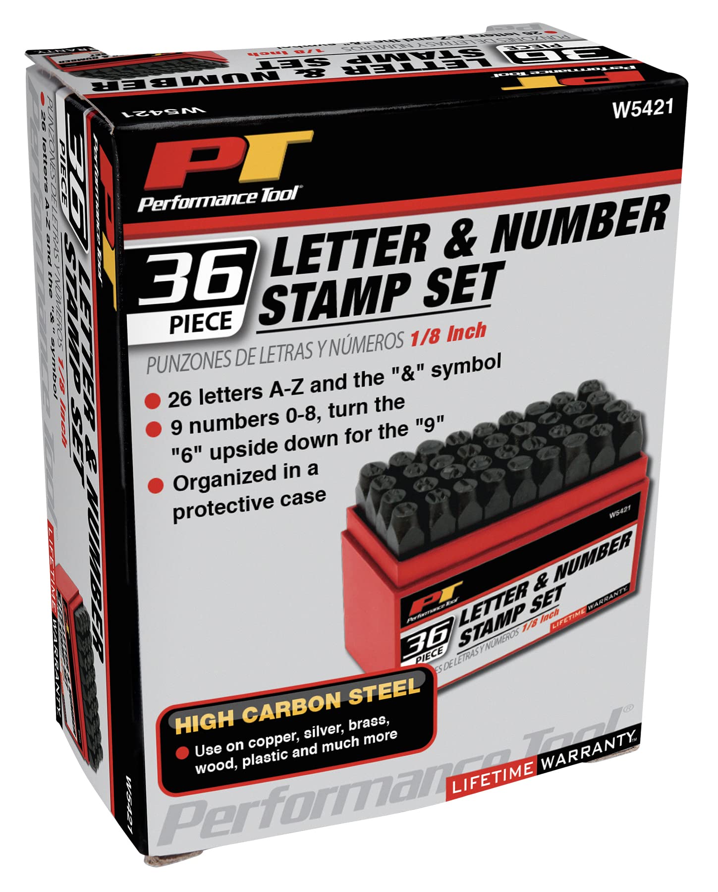 W5421 Performance Tool 36 Piece 1/8-Inch Steel Letter/Number Stamping Set with Handy Storage Box for Identification on Most Items
