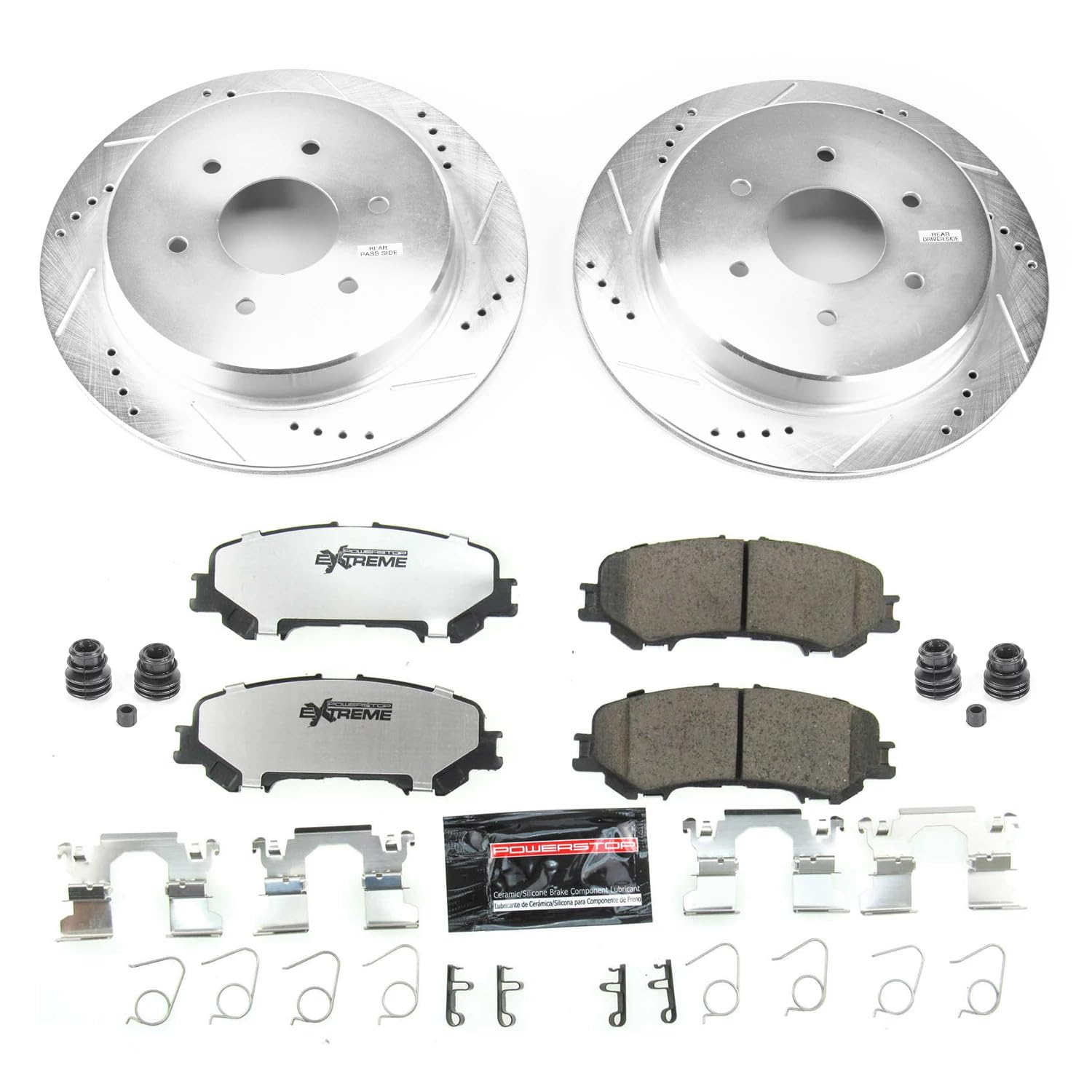 Rear Brake Kit Power Stop For 2017 2018 2019 2020 2021 2022 2023 2024 Nissan TITAN - Truck & Tow Carbon Fiber Ceramic Brake Pads & Drilled and Slotted Rotors Replacement, K7874-36