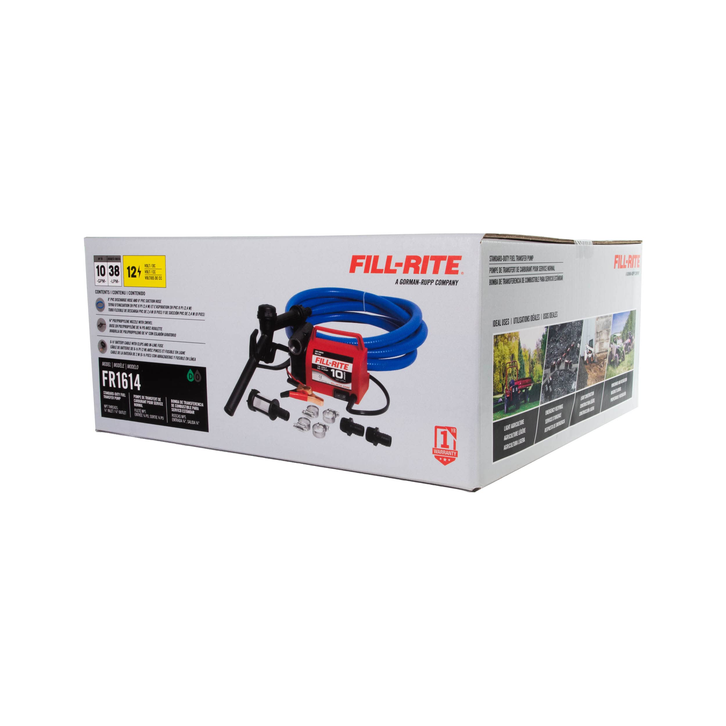 12V Fill-Rite FR1614 10 GPM Portable Fuel Transfer Pump for Diesel and Antifreeze with Suction and Discharge Hoses