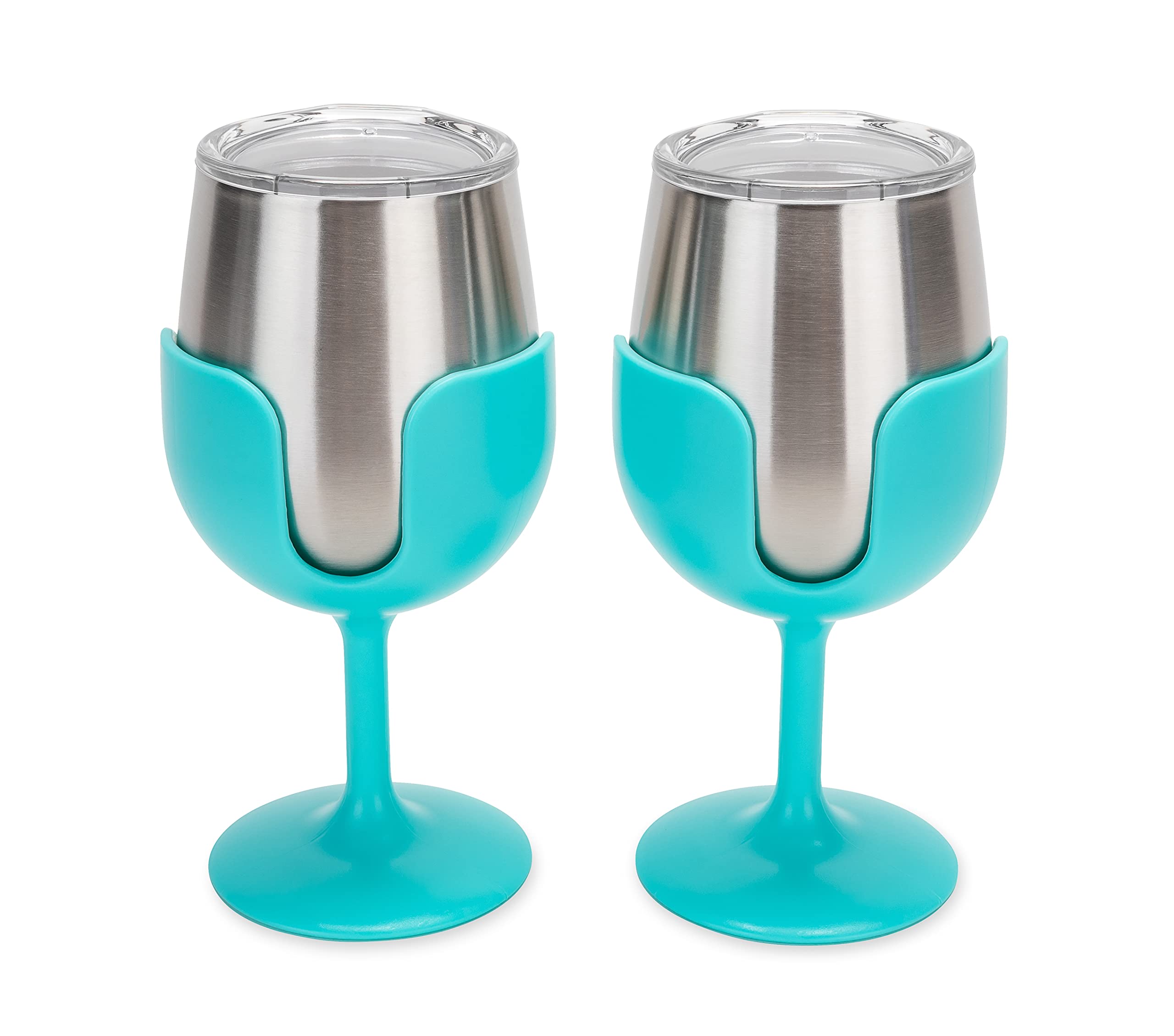 Camco Stainless Steel Wine Tumbler Life is Better at The Campsite 2-Pack - Features Heavy Duty Double Wall Vacuum Insulation & Removable Navy, Red, Green & Yellow Stems - Holds 8-oz Each - Blue(53484)