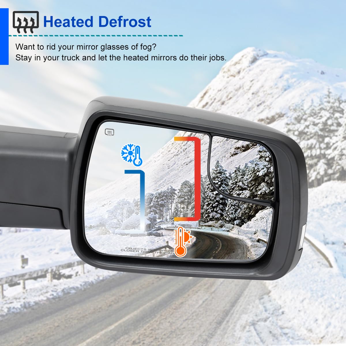 Power Spec-D Tuning Black Heated + LED Signal + Blind Spot Monitor BSM Right Passenger Side Mirror Compatible with 2019-2024 Ram 1500